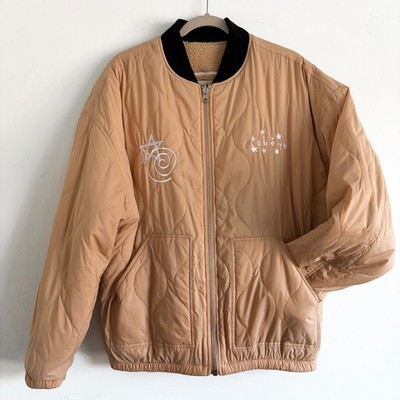 Obey Mens Baseline Reversible Quilted Bomber Jacket Sherpa Fleece Tan Beige M