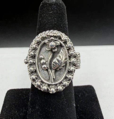 Vintage Mexican 925 Sterling Silver Poison Ring Heavy 13.7g Floral Locket Sz 6