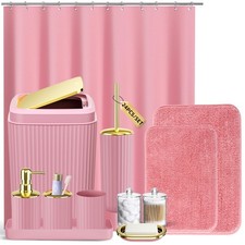 24 PCS Pink Bathroom Set with Shower Curtain and Rugs, Bathroom Sets with Ext...