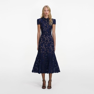 Self Portrait NAVY GUIPURE LACE MIDI DRESS $735 US 6 UK 10