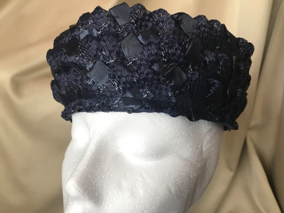 Vintage ladies navy blue pillbox hat- Union Made in USA of Fabric & Straw - Image 2 of 4