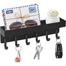 Wall Mount Magnetic Key Holder with 6 Hooks and Storage Tray, Compact Metal Key