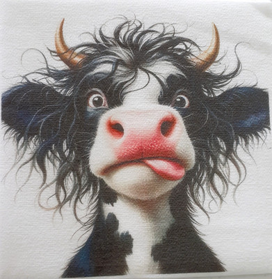 2 individual Paper Decoupage BEVERAGE NAPKINS -CRAZY COW COASTER SIZE, 1 MOTIF