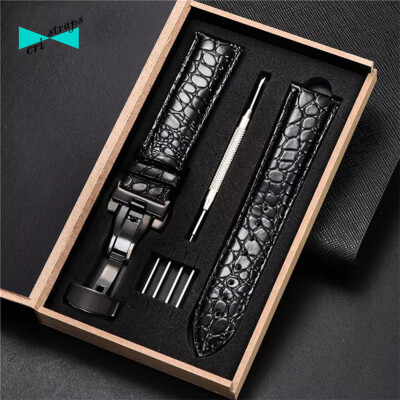 Cinturino orologio in pelle coccodrillo nero da 22 mm con fibbia