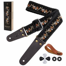 Guitar Strap, Flower Embroidery Guitar Straps with Head Cowhide Leather Ends for
