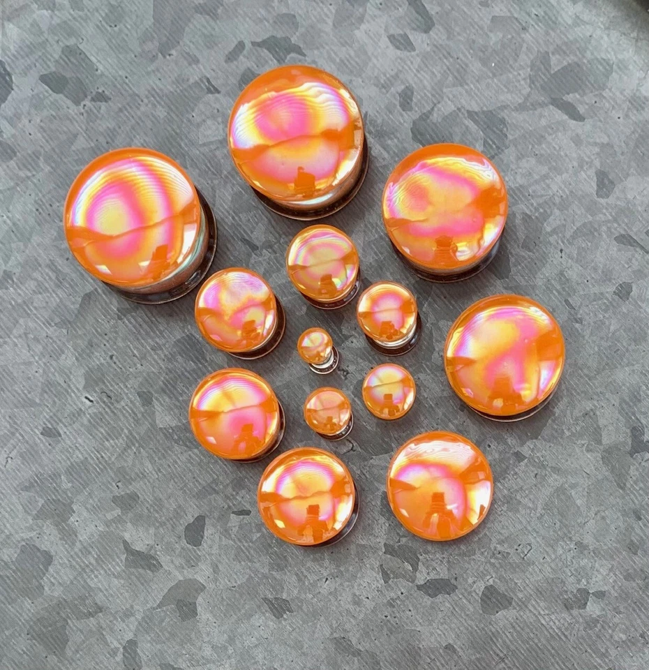 PAIR Creamsicle Orange Pearl Pyrex Glass Double Flare Plugs Gauges Body Jewelry  - Image 4 of 4