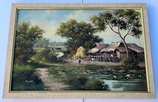 1960s Vintage Southeast Asian "Village" Original Oil Painting on Canvas. Signed
