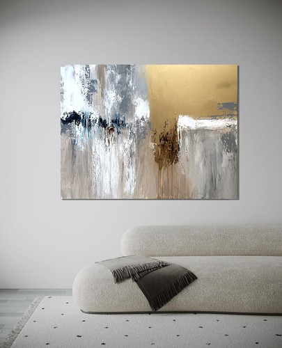 Luxury painting wall art Abstract Hand painted white Blue Grey Gold minimalist - Bild 3 von 11