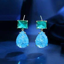 Classy Yellow Gold Plated CZ Cute Green Square Ice Blue Tear Drop Dangle Earring