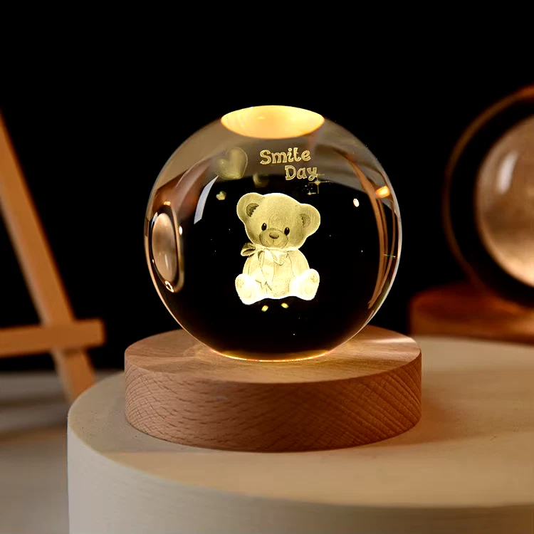 Bola de Cristal 3D Preciosa Lámpara LED Oso con Base de Madera, Adaptador USB e Interruptor Foto 4 de 4