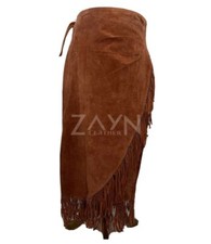 Women's Real Suede Leather Fringe Wrap Vintage Skirt Knee Length Western Skirt