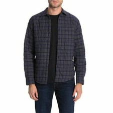 Thomas Dean Plaid Crinkled Shirt Jacket,Navy Blue Gray ,L