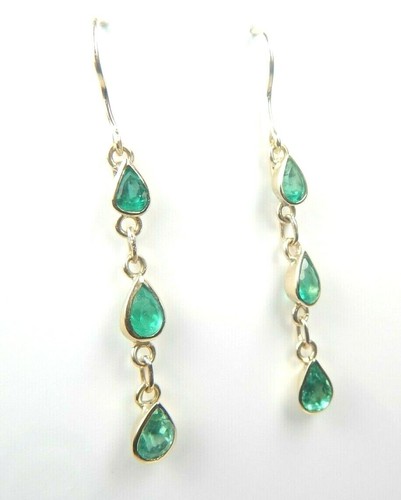 Colombian Emerald Pear Shape Long Earrings 1.96 Cts 18K Yellow Gold Jewelry Muzo - Picture 6 of 12