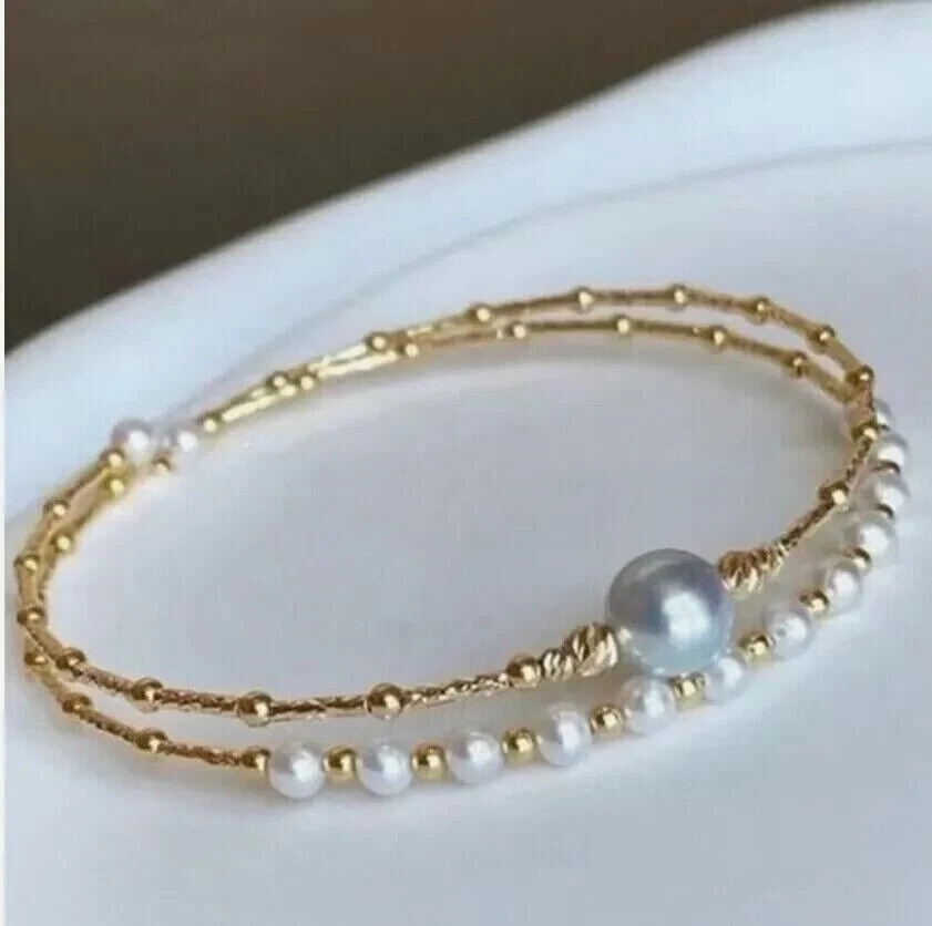 Красивый AAA akoya реальный натуральный белый серый жемчуг браслет 7,5-8" - Изображение 3 из 3