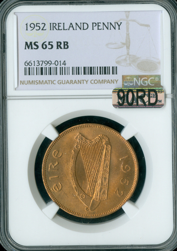 1952 IRELAND ONE PENNY NGC MS65 RB MAC 90RED 90RD 2ND FINEST GRADE * - Picture 3 of 4