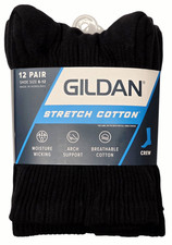 Gildan 11894 NEW Men's Shoe Size 6-12 Black 12 Pair Crew Socks