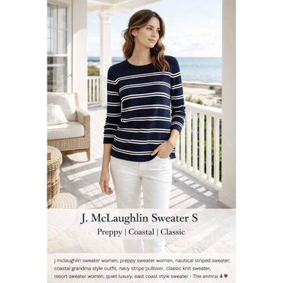 J McLaughlin Navy Stripe Sweater Preppy Coastal Pullover Parisian Style Classic