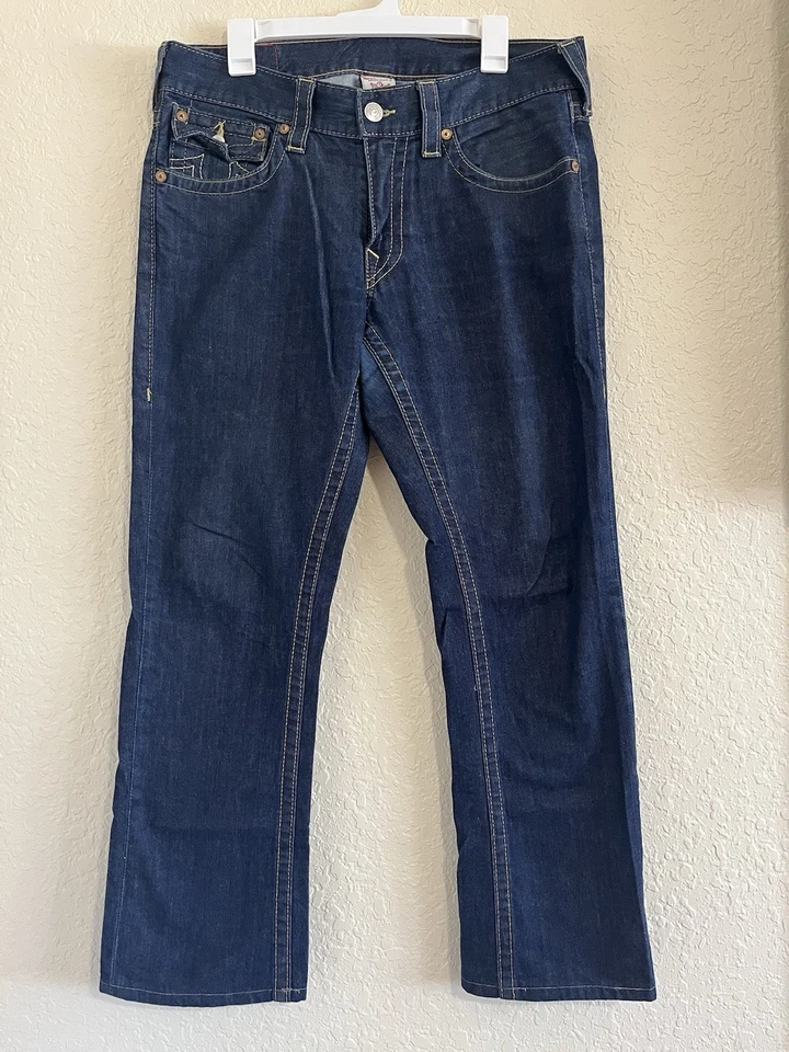 True Religion Ricky Blue Men's Jeans 33X30 Dark Wash Straight Flap Pockets Logo - Image 2 of 4