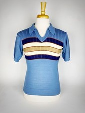 VTG King's Road Sears Short Sleeve Sweater Mens V Neck W/ Collar 70's Blue Sz M