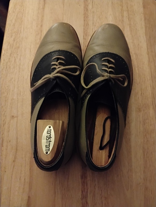 Vtg Walk -over Saddle Shoes Mens 8.5  Tan Navy  Brick Sole Oxfords