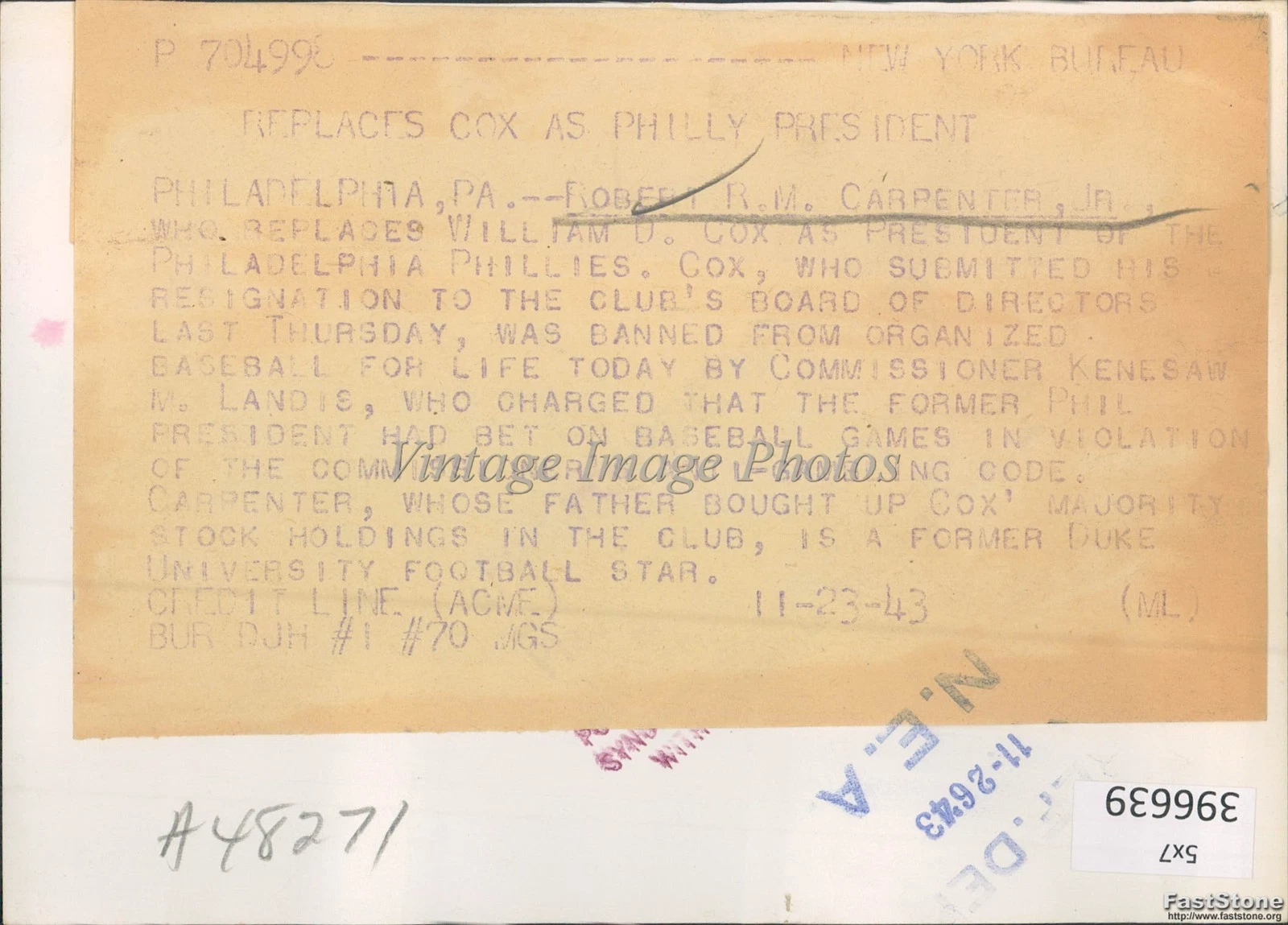 1943年 フィラデルフィア・ロバート・カーペンター 野球社長 写真5x7 - 画像2/2