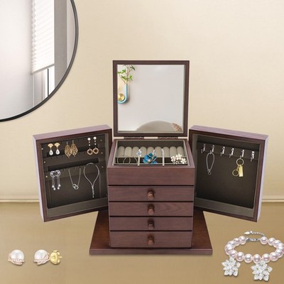 5 Layers Case 4 Drawer Vintage Large Jewelry Organizer Brown Storage Box NEW