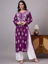 Women's Purple Rayon Chikankari Straight Kurta Hand Work, Ethnic Kurta