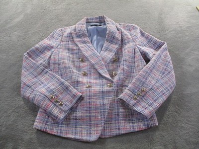 Talbots Blazer Womens 8P Blue Plaid Tweed Double Breasted Lined Short Jacket