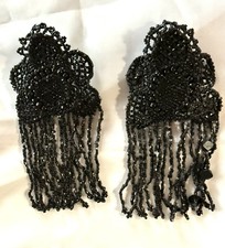 Antique VICTORIAN Black Glass Bead MOURNING APPLIQUE w/ Clips