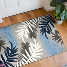 Rugshop Blue Palm Frond Indoor/Outdoor Accent Rug Easy Cleaning for Entryway,