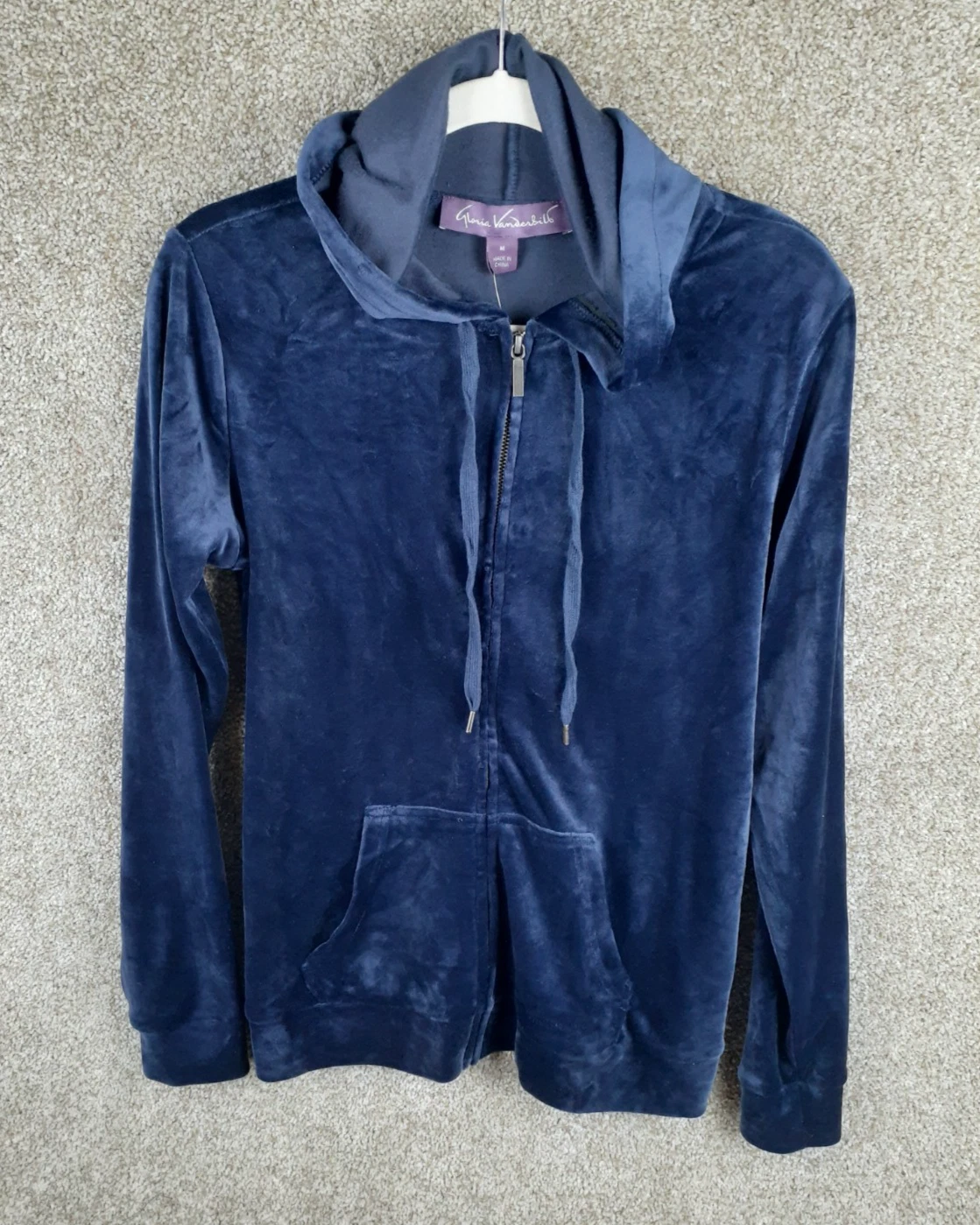 Gloria Vanderbilt Ellie Velour Zip Front Hoodie Women's M Navy Blue Stretch NWT
