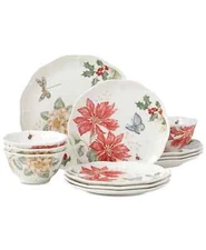 Lenox Butterfly Meadow Holiday 12-Piece Dinnerware Set Poinsettias and Jasmine D
