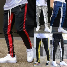 Mens Slim Fit Zipper Casual Jogger Track Pants Sweatpants Gym Activewear Striped
