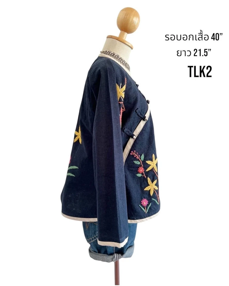 Mujer Tailandés Lue Azul Cáñamo Manga Larga Flores Patrón Bordado a Mano Talla 40" Foto 3 de 4