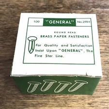NOS 100 CT. ROUND HEAD BRASS PAPER FASTENERS NO. 2RH “GENERAL”  FIVE STAR LINE