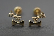 14K Solid Yellow Gold Double Bow Tie Ribbon Screw Back CZ Earrings.