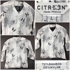Citron Womens Large (38 in Bust) White Black Crinkle Butterfly Bamboo Button Up