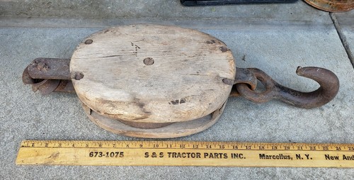 HUGE Antique Block & Tackle Wooden Pulley Iron Hook Barn Hay Tool Nautical Ship