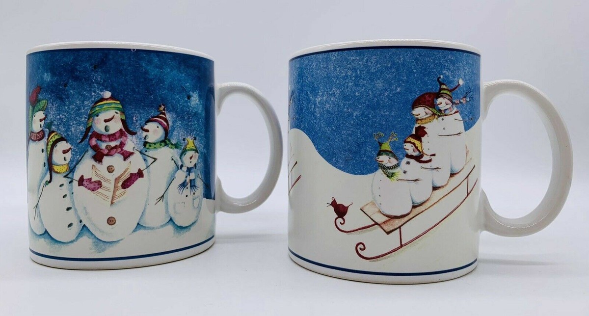 2 Oneida Stoneware Coffee Mugs Debbie Taylor Snowman Snow Family Fun 20 oz  | eBay