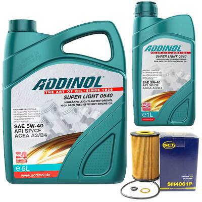 Motoröl Set ADDINOL 5W-40 Super Light 6 Liter + Ölfilter für Hyundai Genesis 3.8