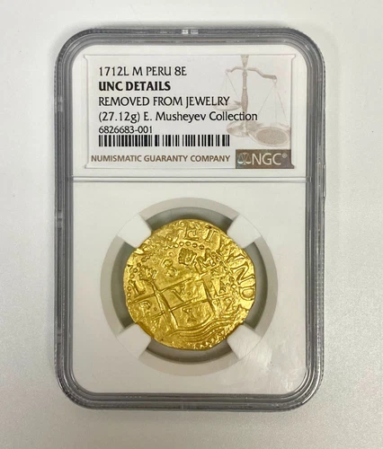 PERU 1712L 8 ESCUDOS NGC UNC DETAILS PIRATE GOLD COINS
