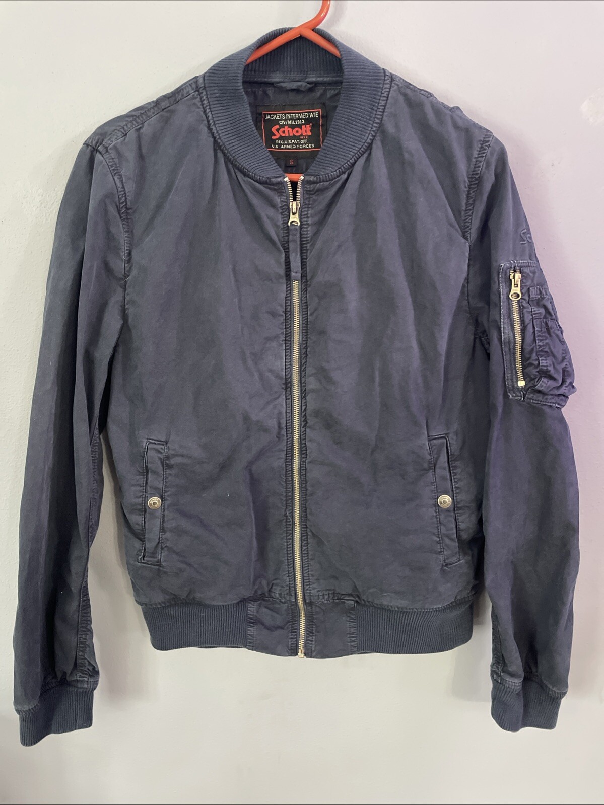Chaqueta de bombardero pequeña vintage Schott NYC para hombre azul marino 100 % algodón