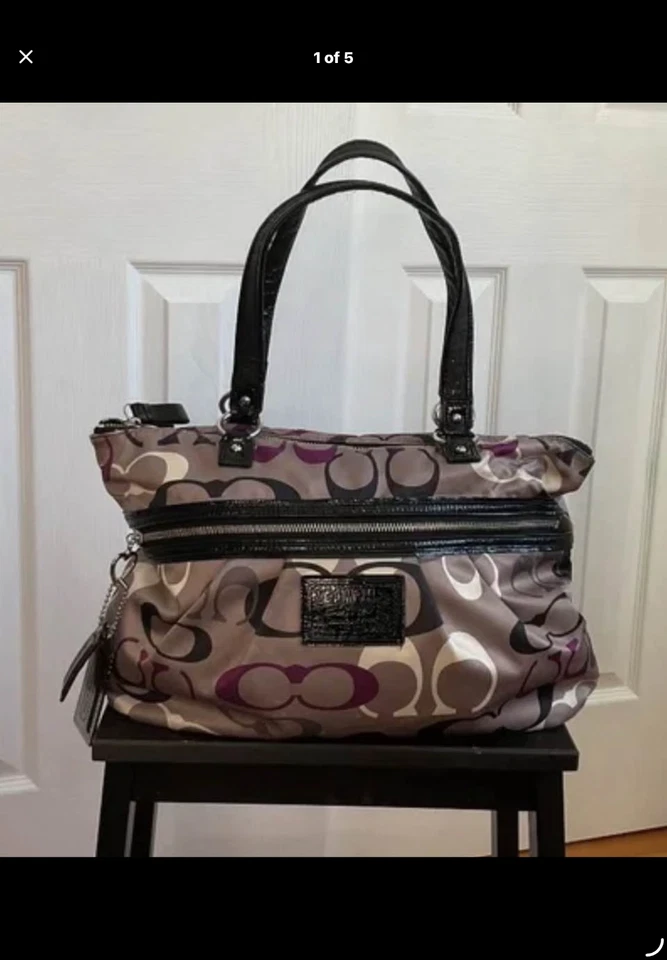 coach poppy daisy sateen tote signature logo black grey purple - Imagen 1 de 1