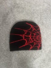 Red and Black spider web beanie knit hat