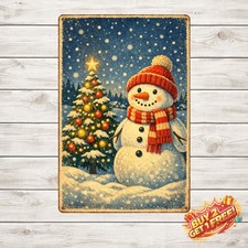 Snowman and Child Metal Sign 8x12 Winter Holiday Scene Wall Decor