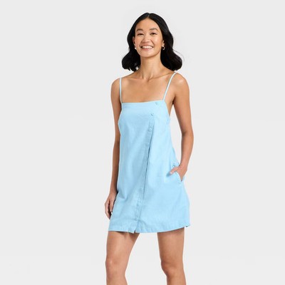 chinese dress ladies Linen Mini Dress – Light Blue Halter Smocked Linen Dress for Summer – ANAHIV