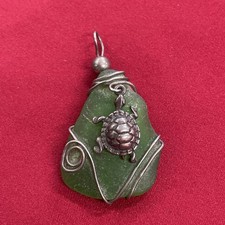 Sterling Silver 925 Wire Wrapped Green Sea Glass Sea Turtle Pendant