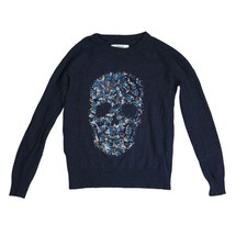 Zadig Voltaire Skull Sweater Womens XS Blue Cashmere Wool Rhinestone Rocker Glam