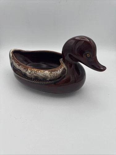 VTG MCM  Hull Duck Planter Brown Drip Glaze Planter 10” USA