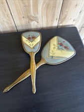 Vtg Blue McM Hand Mirror + Brush Gold Tone, Floral Pattern Vanity  Set 50s